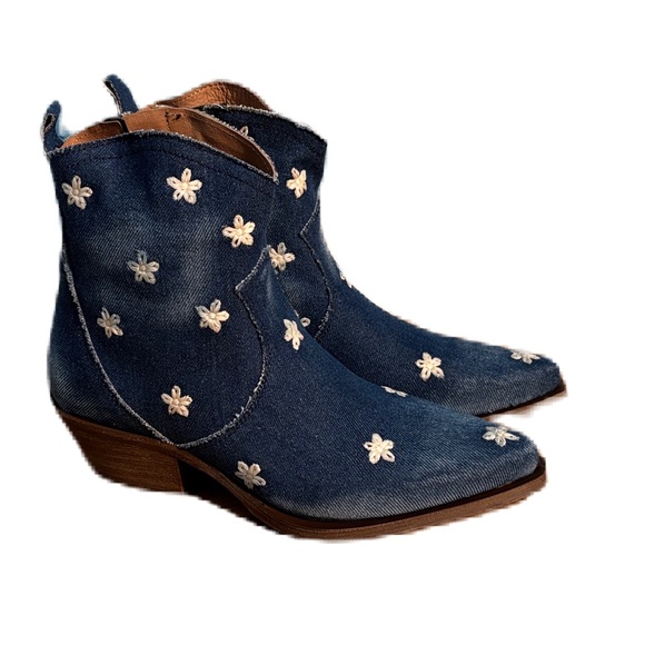 Sundance Daisy Denim Sojourner Boots Blue Ankle with Floral Embroidery 38 & 39 - Picture 1 of 10